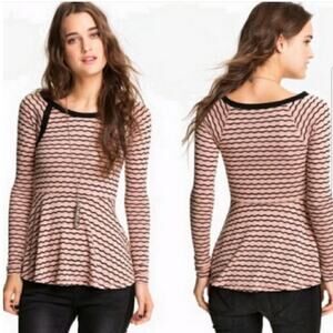 Free People pink peplum top, wavy black striped long sleeve wide round neck knit